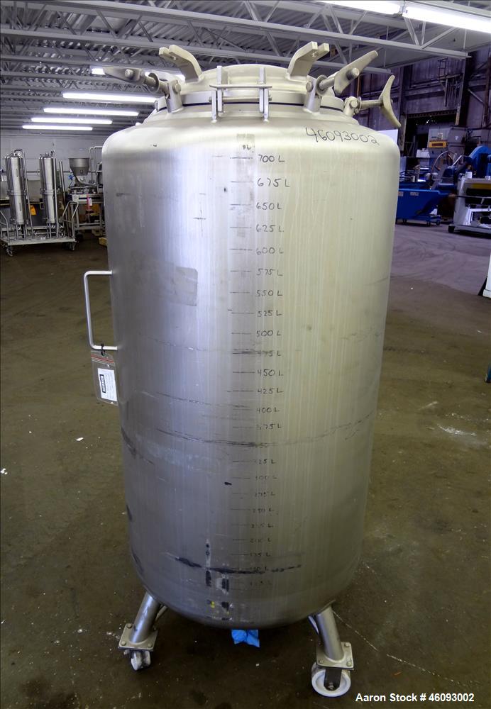 Used Precision Stainless Pressure Tank, 198.12 Gallons (705 Liters), 316L Stainless Steel, Vertical. 32" Diameter x 50" straight side, dished top & bottom. Internal rated 30 psi at 250 degrees F, vac...