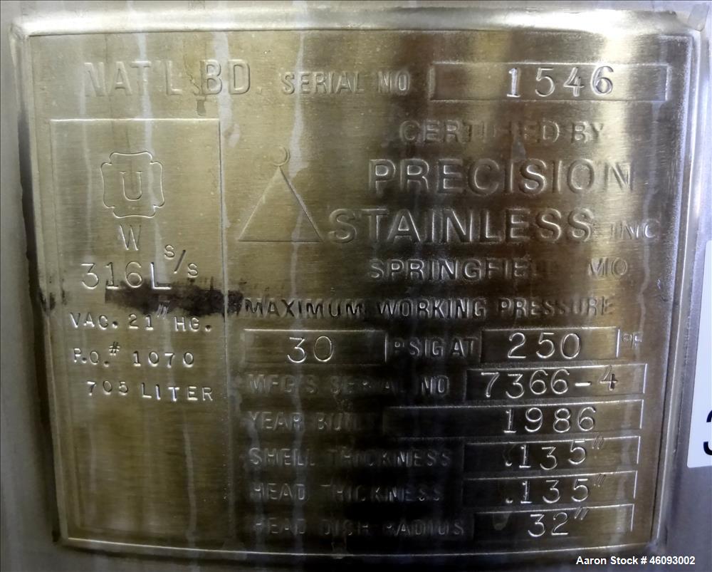 Used Precision Stainless Pressure Tank, 198.12 Gallons (705 Liters), 316L Stainless Steel, Vertical. 32" Diameter x 50" straight side, dished top & bottom. Internal rated 30 psi at 250 degrees F, vac...