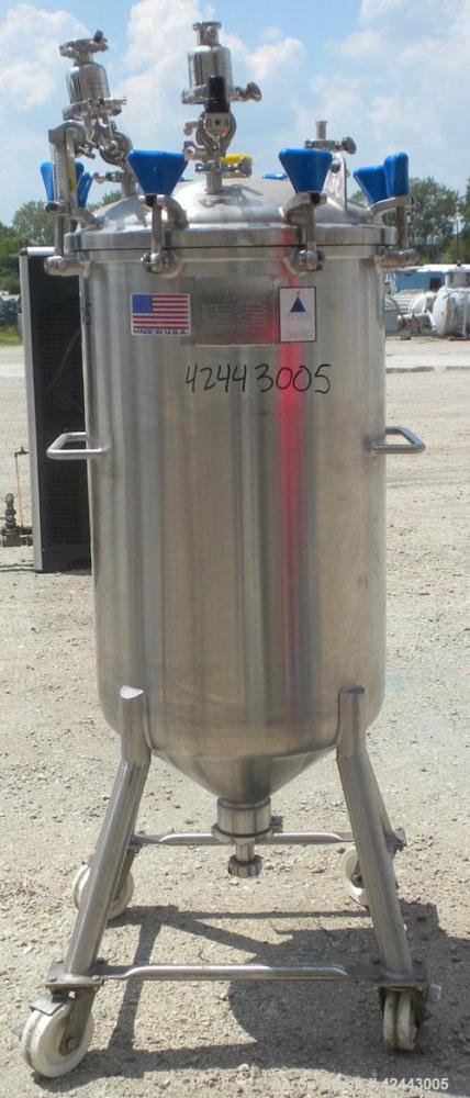 Used Precision Stainless Pressure Tank, 79 gallon (300 liter), 316L stainless steel, vertical. 24’’ Diameter x 36’’ straight side, dished clamp on top, coned bottom. Internal rated 30 psi at –20 to 3...