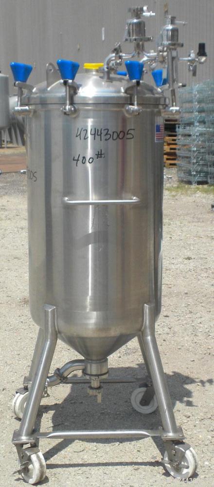 Used Precision Stainless Pressure Tank, 79 gallon (300 liter), 316L stainless steel, vertical. 24’’ Diameter x 36’’ straight side, dished clamp on top, coned bottom. Internal rated 30 psi at –20 to 3...