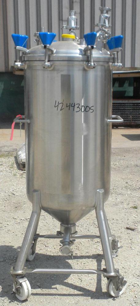 Used Precision Stainless Pressure Tank, 79 gallon (300 liter), 316L stainless steel, vertical. 24’’ Diameter x 36’’ straight side, dished clamp on top, coned bottom. Internal rated 30 psi at –20 to 3...