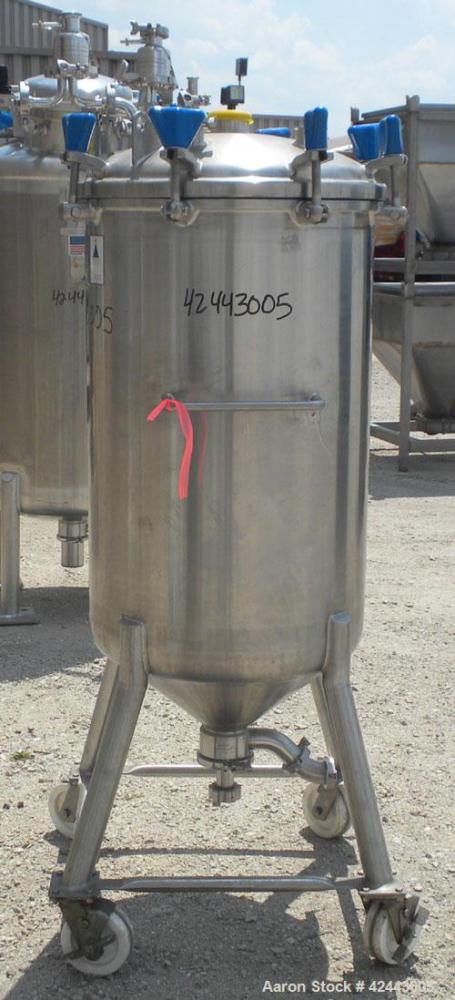 Used Precision Stainless Pressure Tank, 79 gallon (300 liter), 316L stainless steel, vertical. 24’’ Diameter x 36’’ straight side, dished clamp on top, coned bottom. Internal rated 30 psi at –20 to 3...