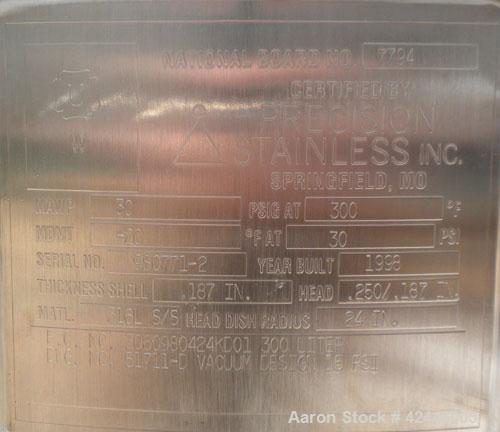 Used Precision Stainless Pressure Tank, 79 gallon (300 liter), 316L stainless steel, vertical. 24’’ Diameter x 36’’ straight side, dished clamp on top, coned bottom. Internal rated 30 psi at –20 to 3...