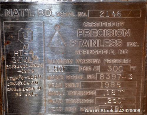 Used Precision Stainless Pressure Tank, 20 Gallon, 304L Stainless Steel, Vertical. 17-1/2 Diameter x 20 straight side, dished top and bottom. Internal rated 50 psi at 300 degrees F. Openings top (3) ...