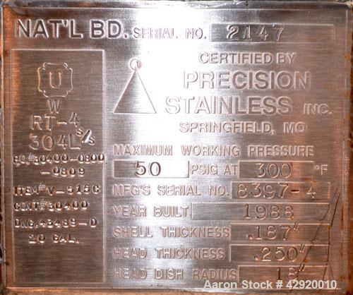 Used Precision Stainless Pressure Tank, 20 Gallon, 304L Stainless Steel, Vertical. 17-1/2’’ Diameter x 20’’ straight side, dished top and bottom. Internal rated 50 psi at 300 degrees F. Openings top ...