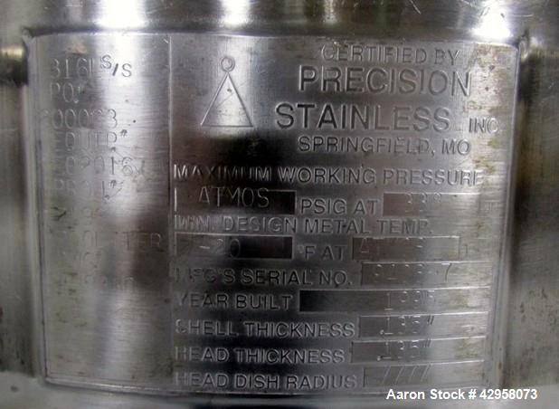 Used Precision Stainless Tank, 200 Liter (52.8 Gallon). 316L Stainless steel construction, approximately 27" diameter x 18" straight side, open top, hemispherical bottom, with side mounted 0.25 hp ag...