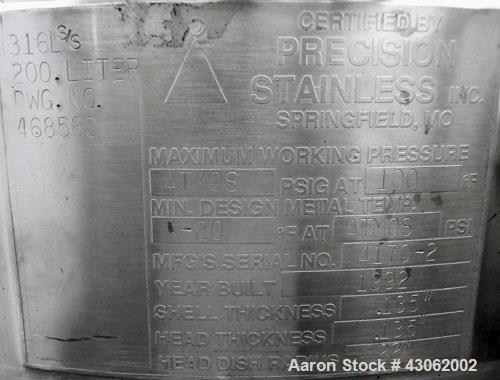 Used Precision Stainless Tank, 200 Liter (52.8 Gallon), 316L Stainless Steel, Vertical. 22’’ Diameter x 33’’ straight side. Flat open top with a 1 piece cover with a 1/3 hinged cover, dished bottom. ...