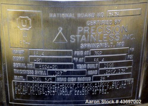 Used Precision Stainless Pressure Tank, 66 Gallon (250 Liter), 316L Stainless Steel, Vertical.  28” Diameter x 28” straight side, dished clamp on top, dished bottom. Internal rated 55.4 psi at –20 to...