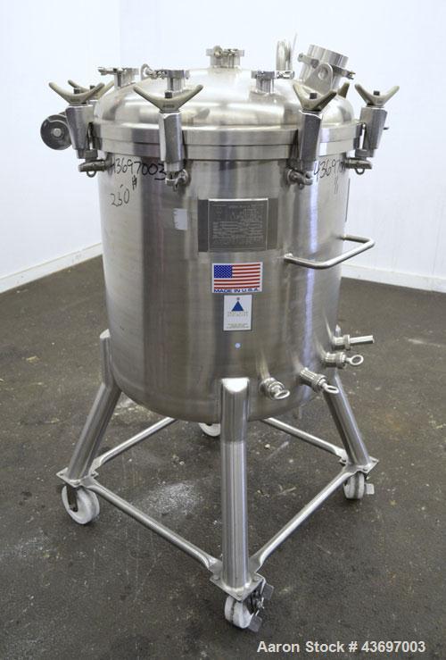 Used Precision Stainless Pressure Tank, 66 Gallon (250 Liter), 316L Stainless Steel, Vertical.  28” Diameter x 28” straight side, dished clamp on top, dished bottom. Internal rated 55.4 psi at –20 to...