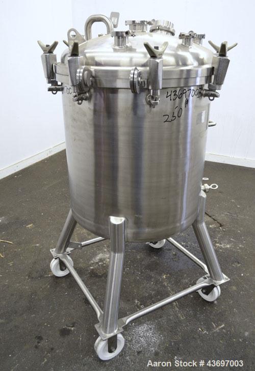 Used Precision Stainless Pressure Tank, 66 Gallon (250 Liter), 316L Stainless Steel, Vertical.  28” Diameter x 28” straight side, dished clamp on top, dished bottom. Internal rated 55.4 psi at –20 to...