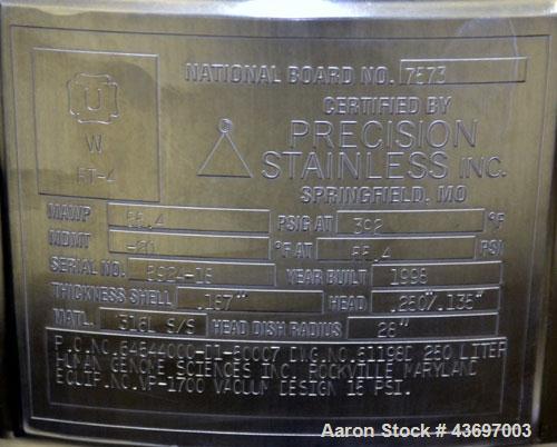 Used Precision Stainless Pressure Tank, 66 Gallon (250 Liter), 316L Stainless Steel, Vertical.  28” Diameter x 28” straight side, dished clamp on top, dished bottom. Internal rated 55.4 psi at –20 to...