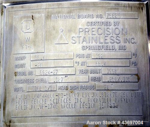 Used Precision Stainless Pressure Tank, 66 Gallon (250 Liter), 316L Stainless Steel, Vertical.  28” Diameter x 28” straight side, dished clamp on top, dished bottom. Internal rated 55.4 psi at –20 to...