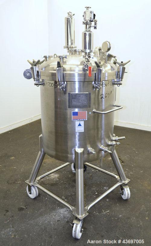 Used Precision Stainless Pressure Tank, 66 Gallon (250 Liter), 316L Stainless Steel, Vertical.  28” Diameter x 28” straight side, dished clamp on top, dished bottom. Internal rated 55.4 psi at –20 to...