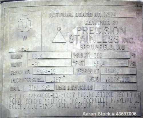 Used Precision Stainless Pressure Tank, 66 Gallon (250 Liter), 316L Stainless Steel, Vertical.  28” Diameter x 28” straight side, dished clamp on top, dished bottom. Internal rated 55.4 psi at –20 to...