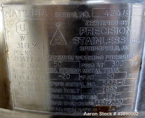 Used 26.4 Gallon Stainless Steel Precision Stainless Pressure Tank