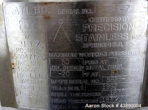 Used 26.4 Gallon Stainless Steel Precision Stainless Pressure Tank