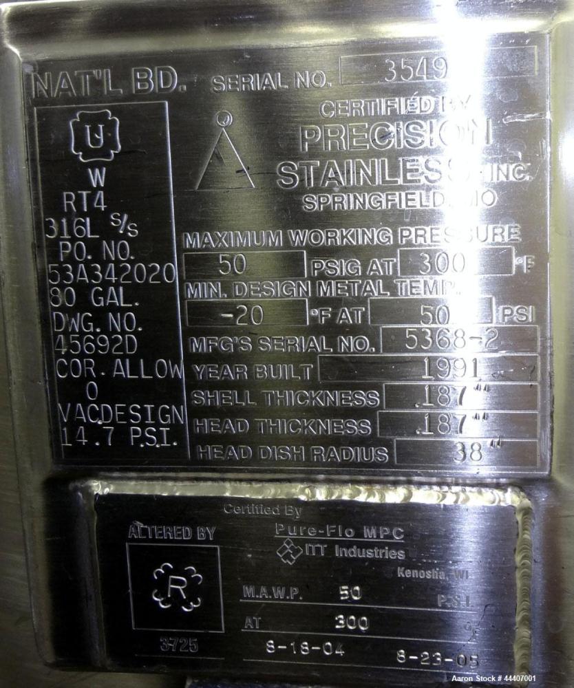 Used 80 Gallon Stainless Steel Precision Stainless Pressure Tank