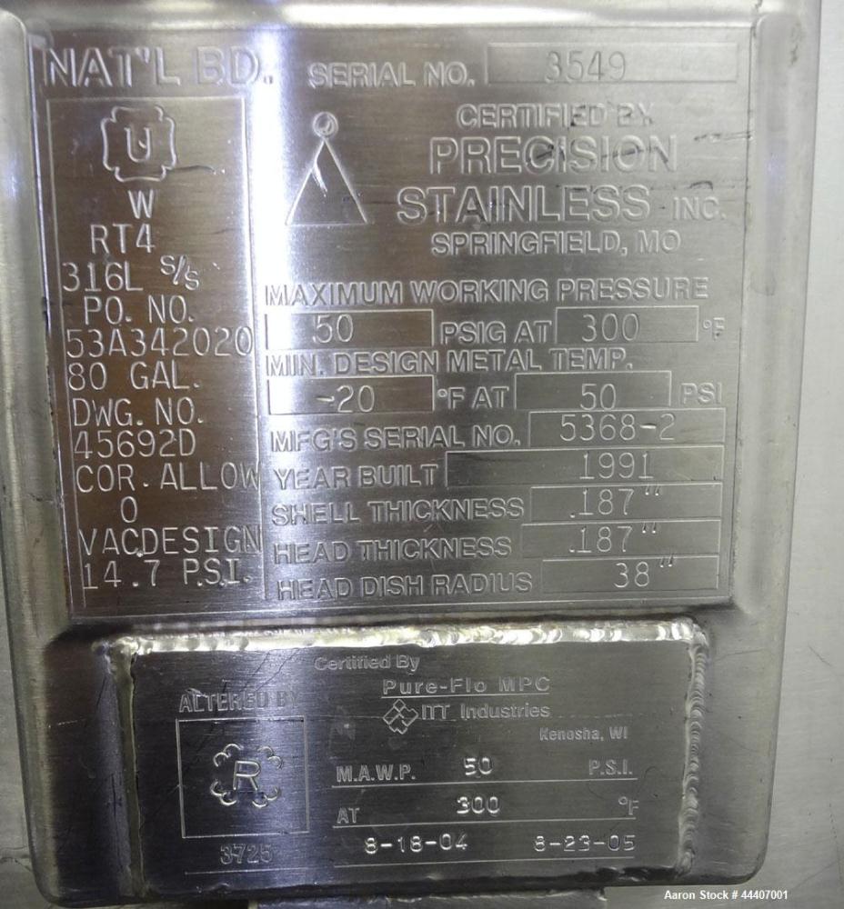 Used 80 Gallon Stainless Steel Precision Stainless Pressure Tank