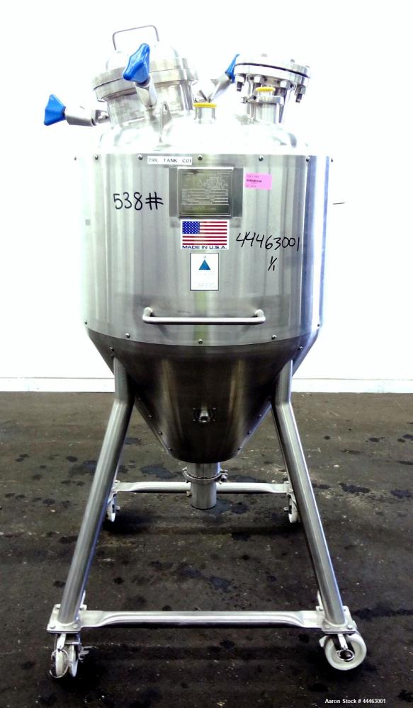 Used Precision Stainless Pressure Tank, 210 Liter (55.49 Gallon), 316 L Stainless Steel, Vertical.  Approximately 26.75" diameter x 18" straight side, dish top, coned bottom.  Internal rated 50 psi a...