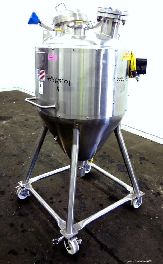Used Precision Stainless Pressure Tank, 210 Liter (55.49 Gallon), 316 L Stainless Steel, Vertical.  Approximately 26.75" diameter x 18" straight side, dish top, coned bottom.  Internal rated 50 psi a...