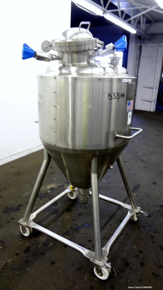 Used Precision Stainless Pressure Tank, 210 Liter (55.49 Gallon), 316 L Stainless Steel, Vertical.  Approximately 26.75" diameter x 18" straight side, dish top, coned bottom.  Internal rated 50 psi a...