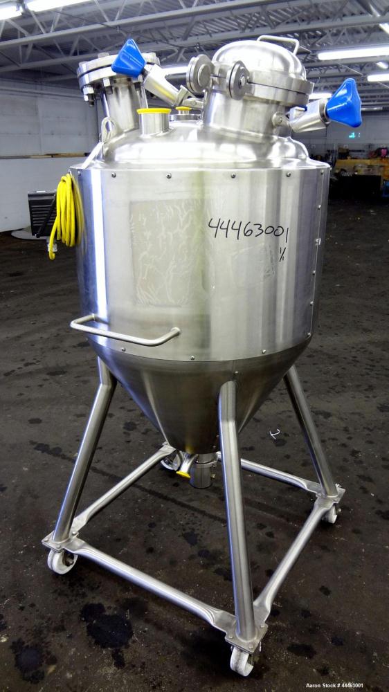 Used Precision Stainless Pressure Tank, 210 Liter (55.49 Gallon), 316 L Stainless Steel, Vertical.  Approximately 26.75" diameter x 18" straight side, dish top, coned bottom.  Internal rated 50 psi a...