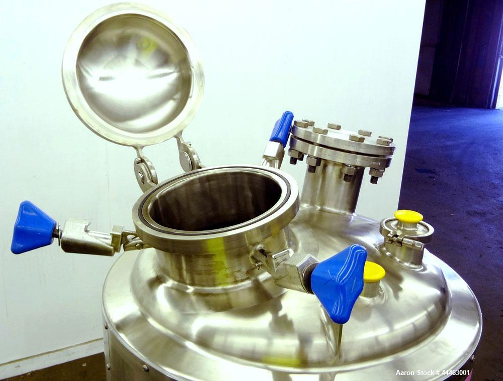 Used Precision Stainless Pressure Tank, 210 Liter (55.49 Gallon), 316 L Stainless Steel, Vertical.  Approximately 26.75" diameter x 18" straight side, dish top, coned bottom.  Internal rated 50 psi a...