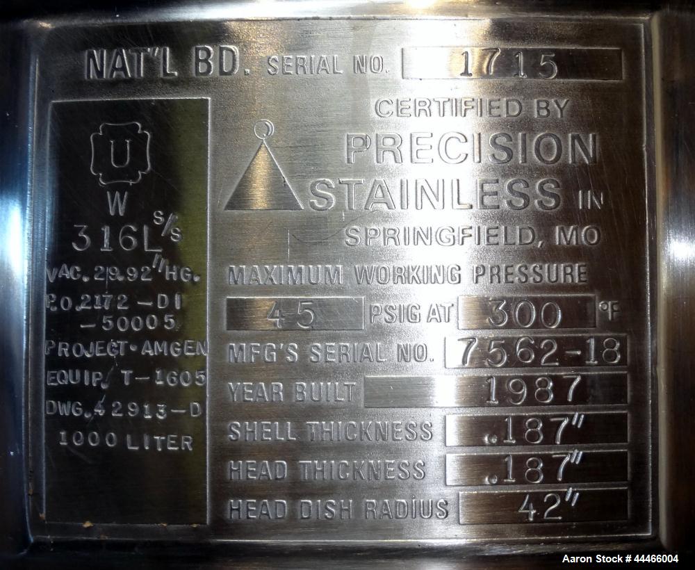 Used 1000 Liter Stainless Steel Precision Stainless Pressure Tank, Model XJSS-3