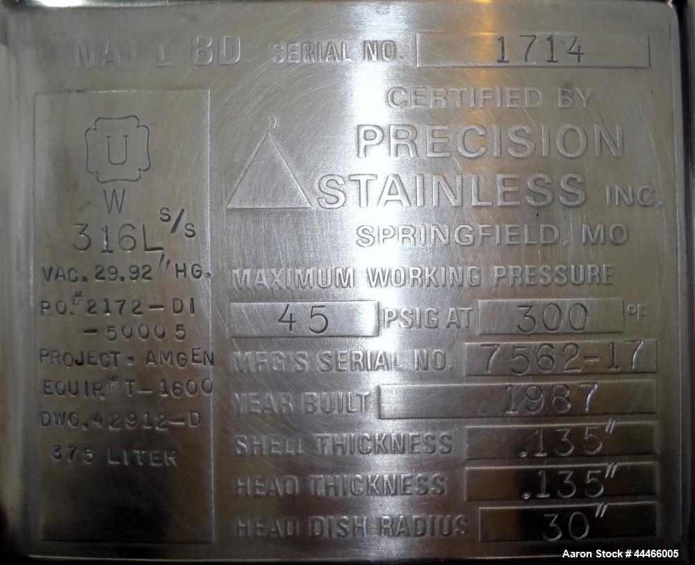 Used 375 Liter Stainless Steel Precision Stainless Pressure Tank, Model XJSS-18