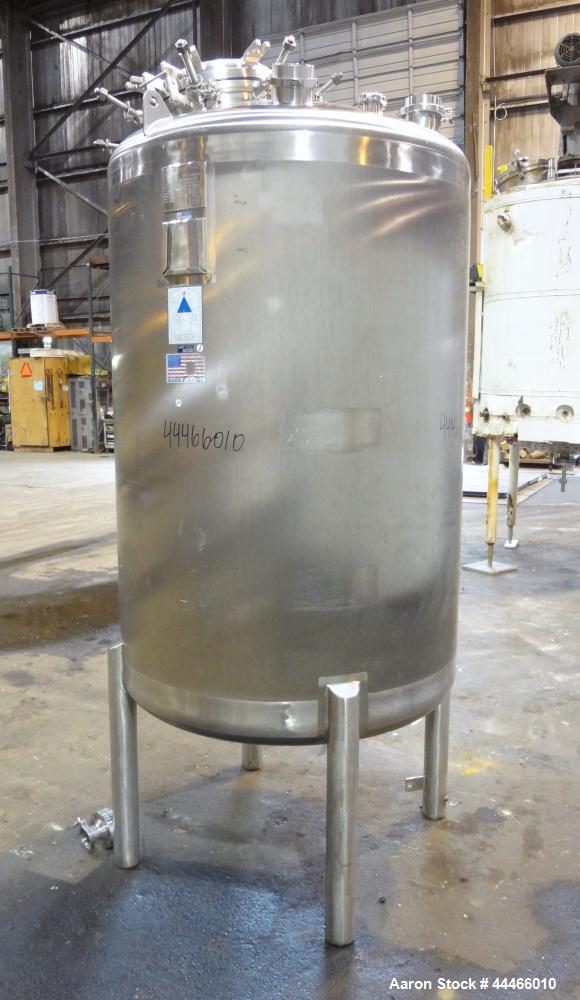 Used Precision Stainless Pressure Tank, 1750 Liter (462 Gallon), 316L Stainless Steel, Vertical. 44" Diameter x 60" straight side, dished top and bottom. Internal rated 60 psi at 300 degrees F, vesse...
