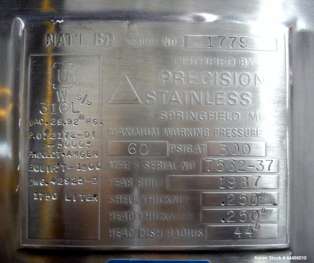 Used Precision Stainless Pressure Tank, 1750 Liter (462 Gallon), 316L Stainless Steel, Vertical. 44" Diameter x 60" straight side, dished top and bottom. Internal rated 60 psi at 300 degrees F, vesse...