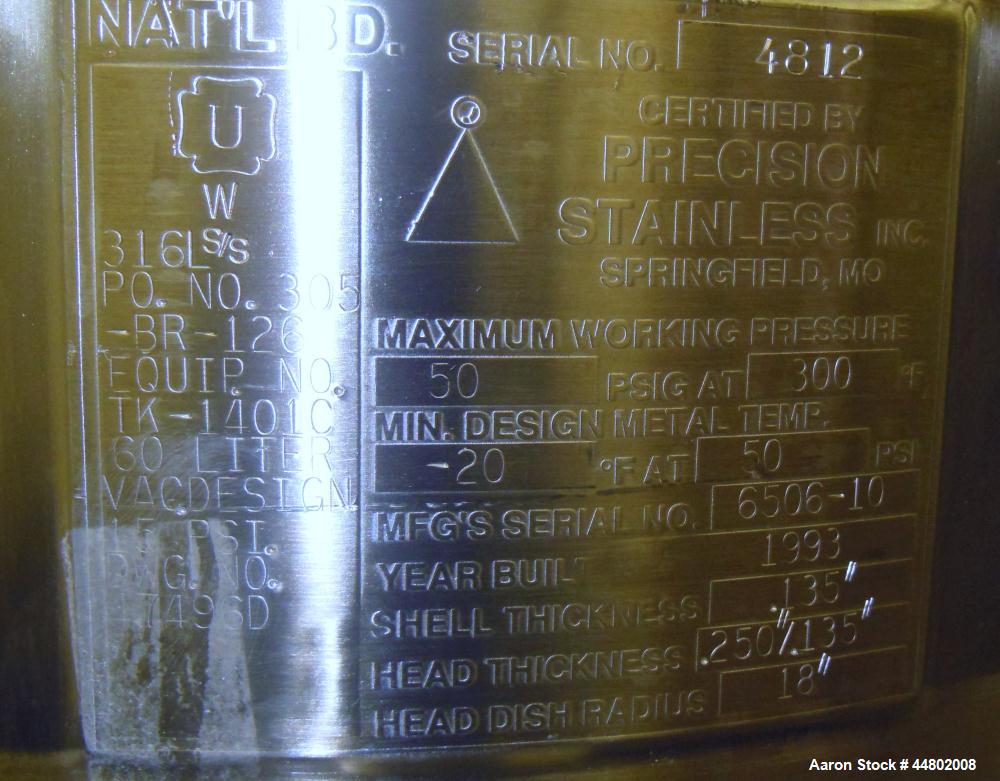 Used- 60 Liter Stainless Steel Precision Stainless Pressure Tank