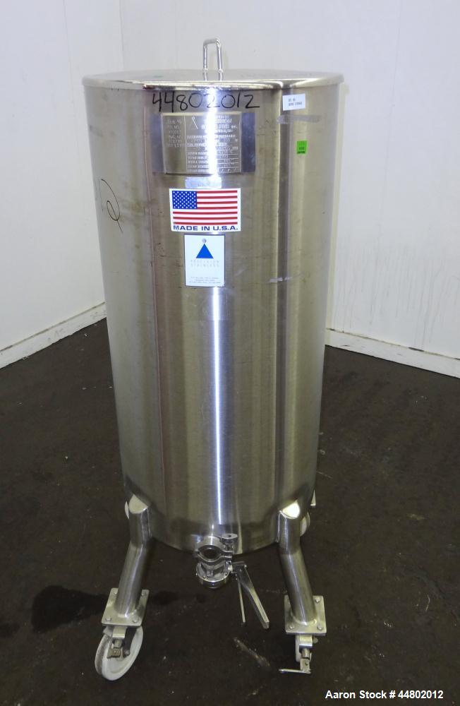 Used Precision Stainless Tank, 200 Liters (52.8 Gallons), 316L Stainless Steel, Vertical.  Approximately 20" diameter x 40" straight side, flat open top with a 1 piece cover, sloped bottom.  Internal...