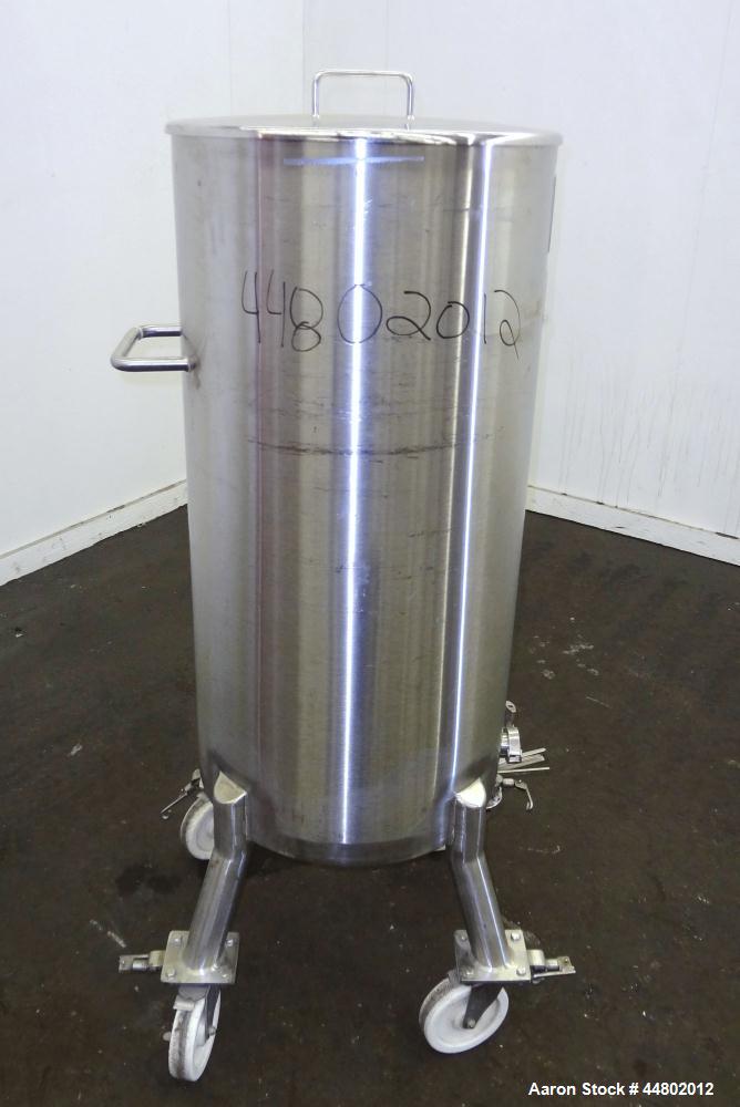 Used Precision Stainless Tank, 200 Liters (52.8 Gallons), 316L Stainless Steel, Vertical.  Approximately 20" diameter x 40" straight side, flat open top with a 1 piece cover, sloped bottom.  Internal...