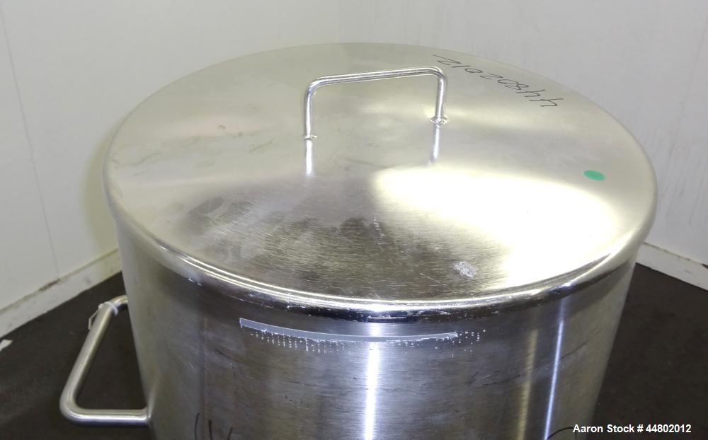 Used Precision Stainless Tank, 200 Liters (52.8 Gallons), 316L Stainless Steel, Vertical.  Approximately 20" diameter x 40" straight side, flat open top with a 1 piece cover, sloped bottom.  Internal...