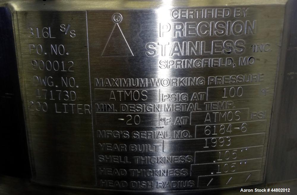Used Precision Stainless Tank, 200 Liters (52.8 Gallons), 316L Stainless Steel, Vertical.  Approximately 20" diameter x 40" straight side, flat open top with a 1 piece cover, sloped bottom.  Internal...