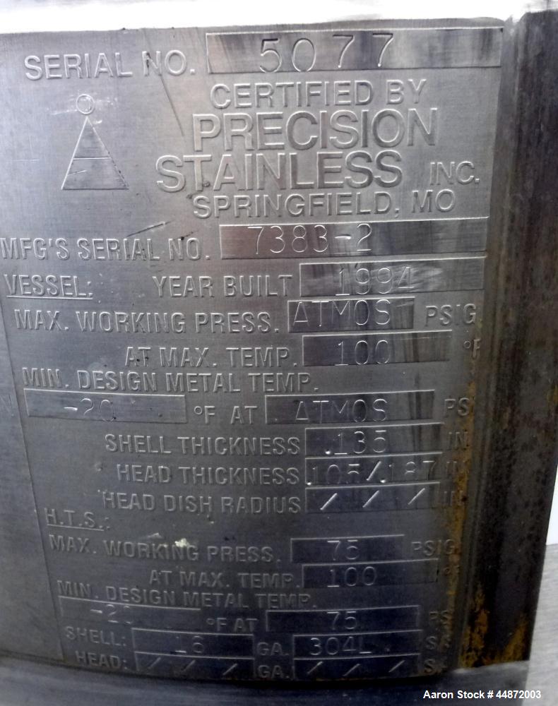 Used Precision Stainless Kettle, 28 Gallon, 316L Stainless Steel, Vertical. Approximately 20” diameter x 20” straight side, flat top with a 1 piece cover, sloped bottom. 304L stainless steel dimple j...