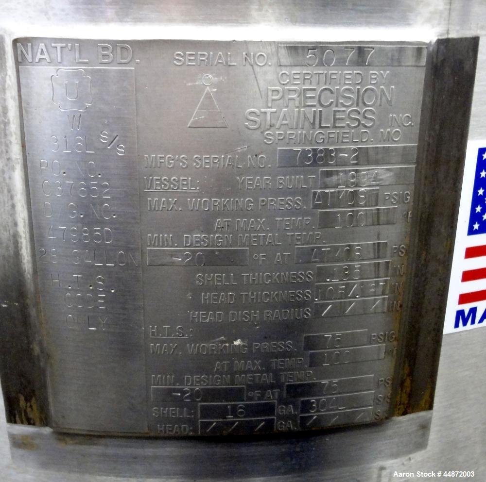Used Precision Stainless Kettle, 28 Gallon, 316L Stainless Steel, Vertical. Approximately 20” diameter x 20” straight side, flat top with a 1 piece cover, sloped bottom. 304L stainless steel dimple j...
