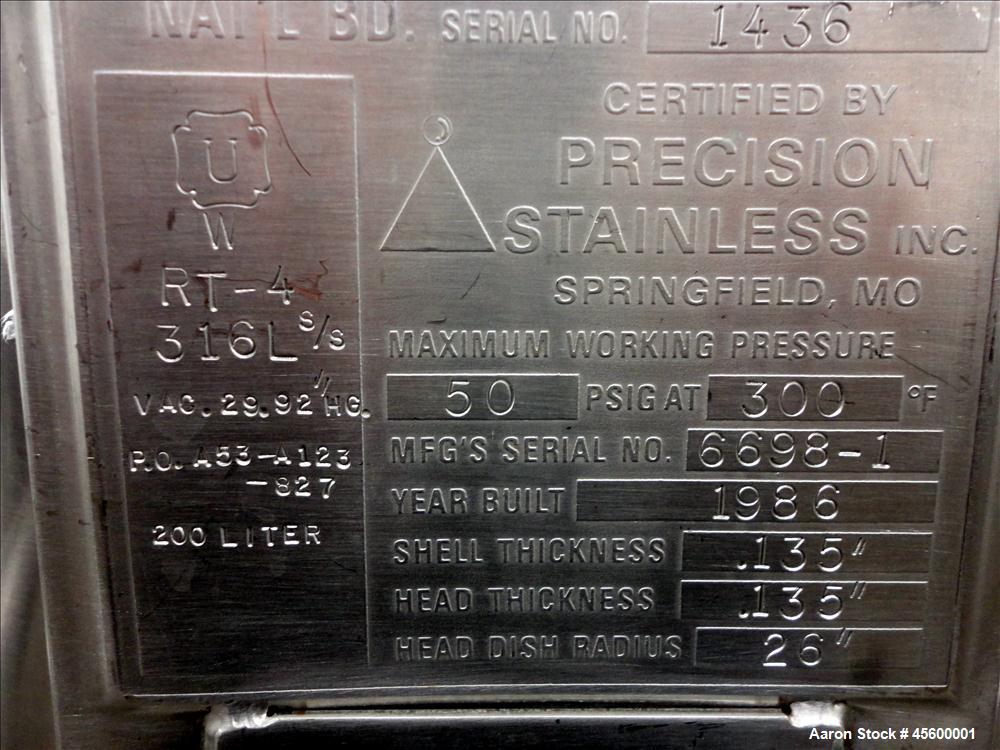 Used Precision 53 Gallon Stainless Steel Pressure Tank