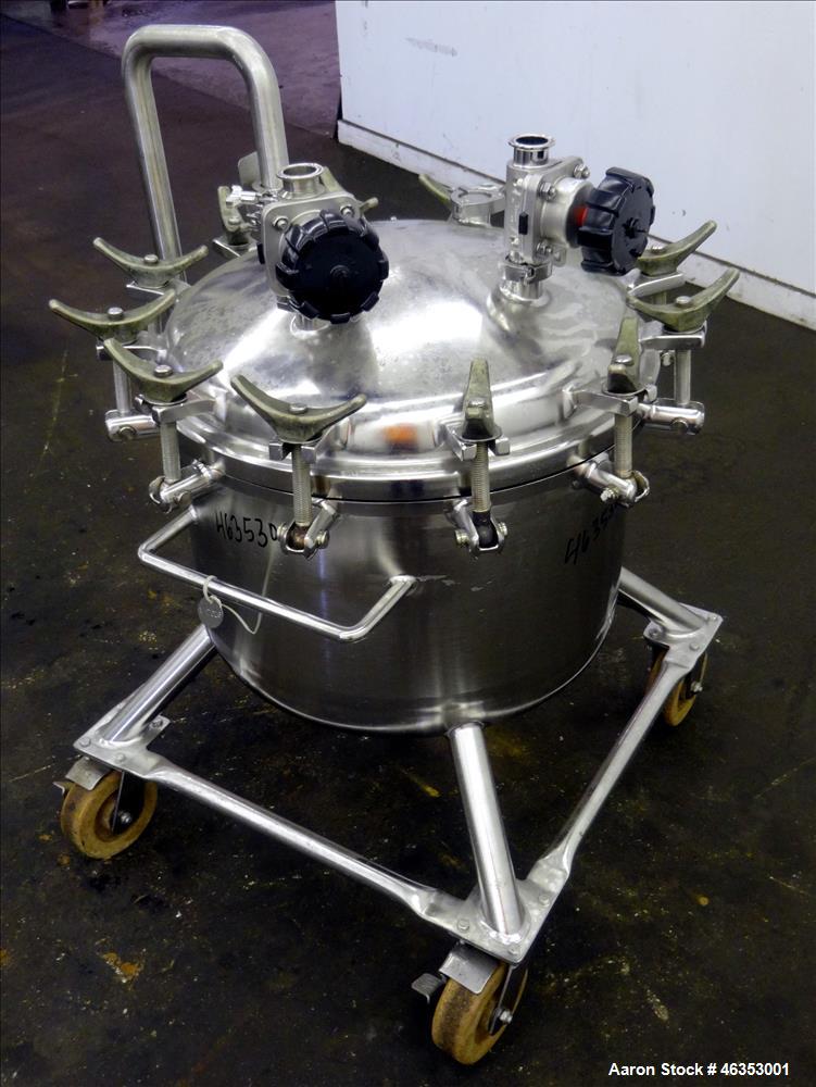 Used Precision Stainless Pressure Tank, 26.4 Gallons (100 Liters), 316L Stainless Steel, Vertical. 23-5/8" Diameter x 14" straight side. Dished clamp-on top, dished bottom. Internal rated 50 psi at -...