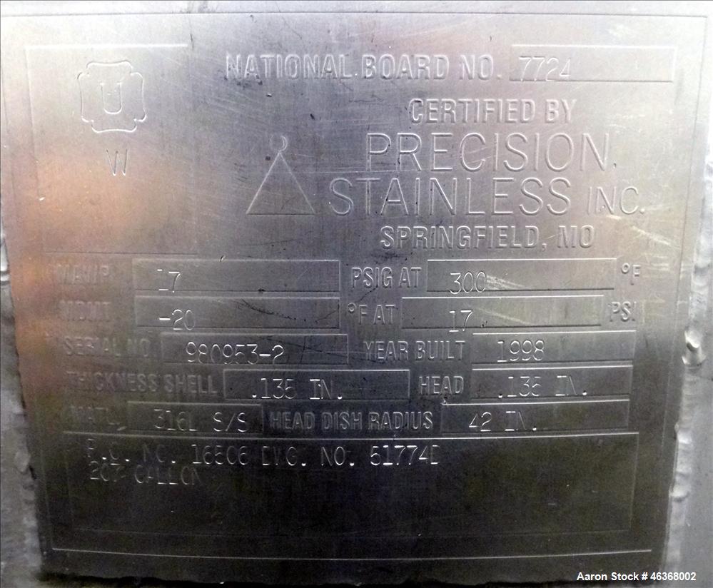 Used Precision Stainless Pressure Tank, 207 Gallon, 316L Stainless Steel, Vertical. 42" Diameter x 28" straight side, dished top and bottom. Internal rated 17 psi at -20 to 300 degrees F. Openings: t...