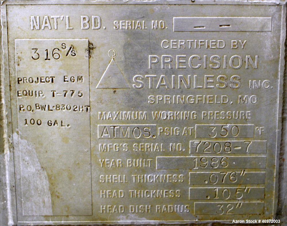 Used Precision Stainless Tank, 100 Gallons, 316 Stainless Steel, Vertical.
