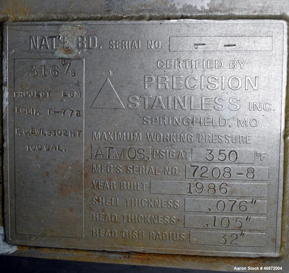 Used Precision Stainless Tank, 100 Gallons, 316 Stainless Steel, Vertical.