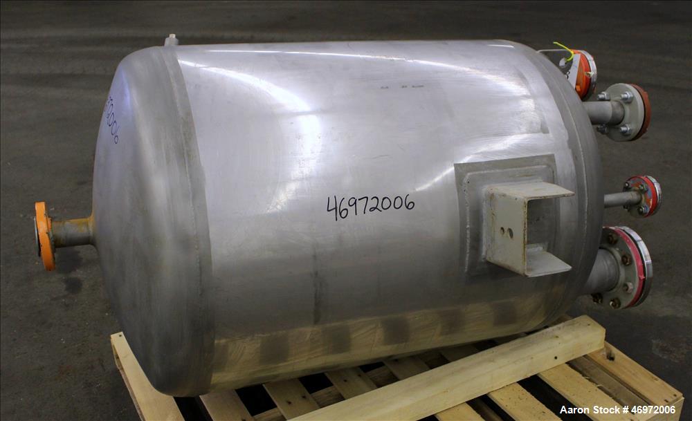 Used Precision Stainless Tank, 100 Gallons, 316 Stainless Steel, Vertical. Approximate 32" diameter x 35" straight side, dish top and bottom. Internal rated atmospheric at 350 degrees F. Openings top...