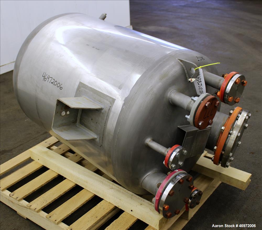 Used Precision Stainless Tank, 100 Gallons, 316 Stainless Steel, Vertical. Approximate 32" diameter x 35" straight side, dish top and bottom. Internal rated atmospheric at 350 degrees F. Openings top...