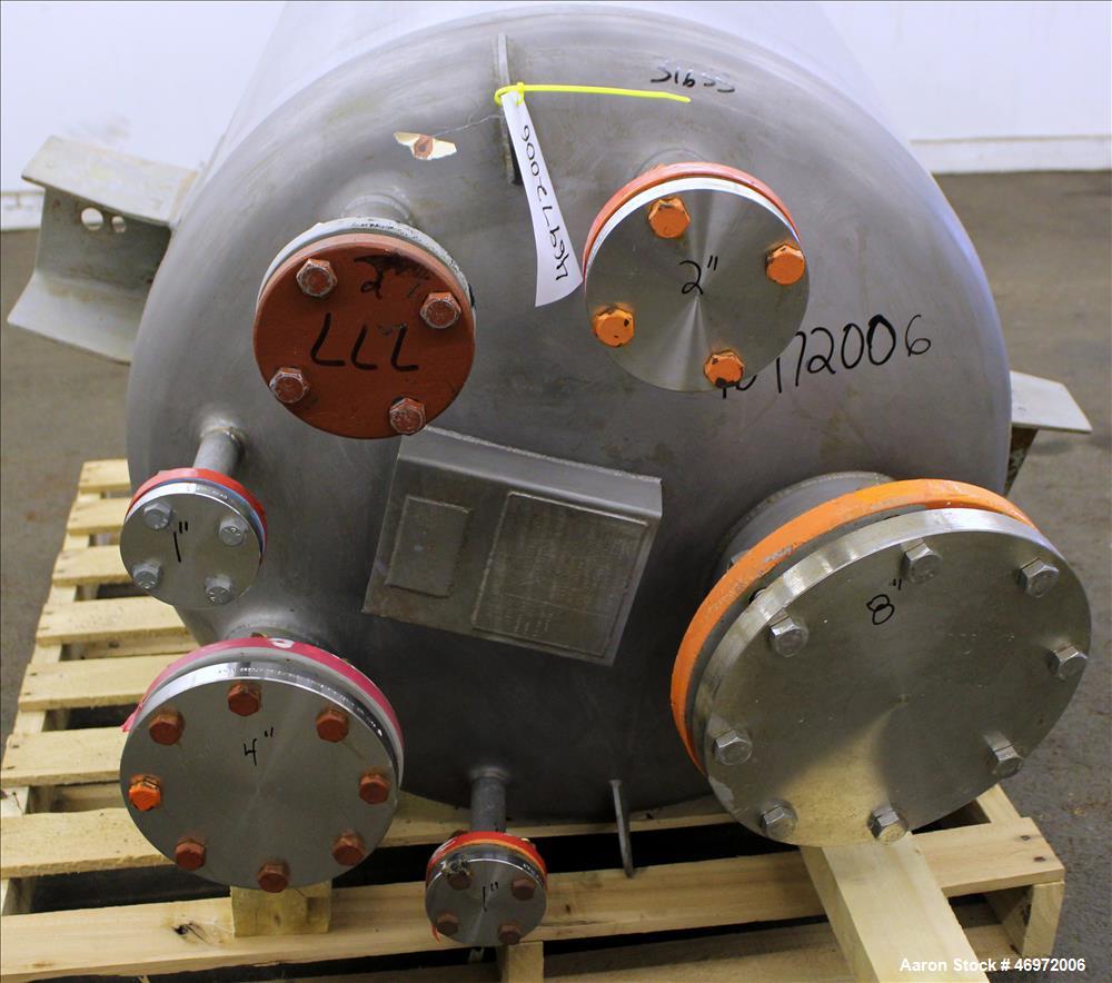 Used Precision Stainless Tank, 100 Gallons, 316 Stainless Steel, Vertical. Approximate 32" diameter x 35" straight side, dish top and bottom. Internal rated atmospheric at 350 degrees F. Openings top...