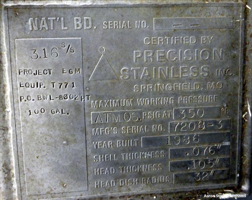 Used Precision Stainless 316 Stainless Steel 100 Gallon Vertical Tank,