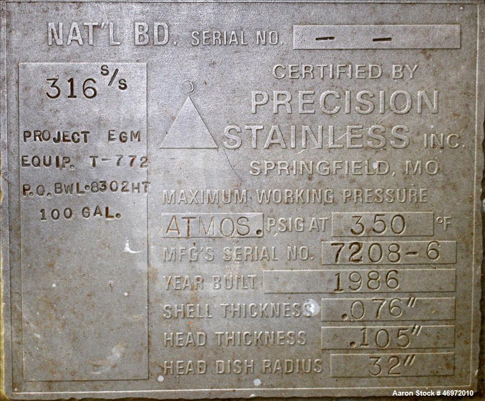 Used Precision Stainless Tank, 100 Gallons, 316 Stainless Steel, Vertical