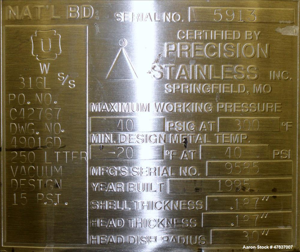 Used Precision Stainless Pressure Tank, 250 liter (66 Gallon), 316L Stainless Steel, Vertical. 30" Diameter x 24" straight side, dished top and bottom. Internal rated 40 psi at -20 to 300 degrees F.,...