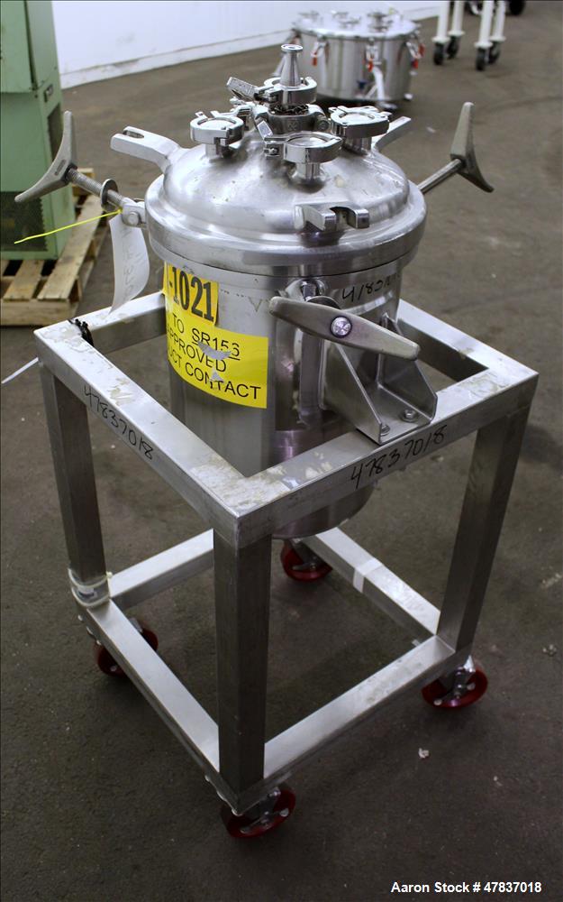 Used Precision Stainless Pressure Tank, 25 Liter (6 Gallon), 316L Stainless Steel, Vertical. 12" Diameter x 16" straight side, dished clamp on top, coned bottom. Internal rated 45 psi at -20 to 350 d...